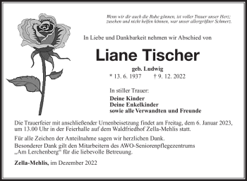Traueranzeige von Liane Tischer von Südthüringer Presse