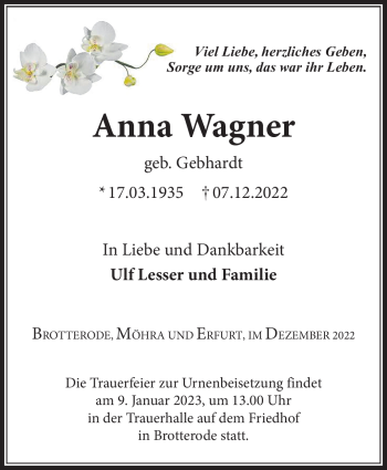 Traueranzeige von Anna Wagner von Südthüringer Presse