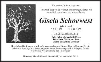 Traueranzeige von Gisela Schoewest von Südthüringer Presse