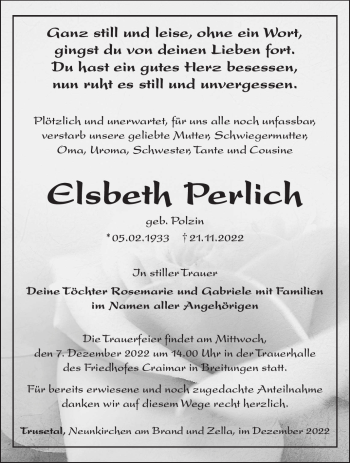 Traueranzeige von Elsbeth Perlich von Südthüringer Presse
