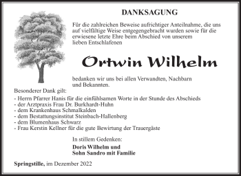 Traueranzeige von Ortwin Wilhelm von Südthüringer Presse