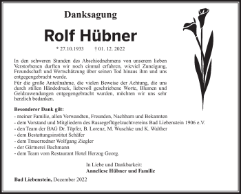 Traueranzeige von Rolf Hübner von Südthüringer Presse