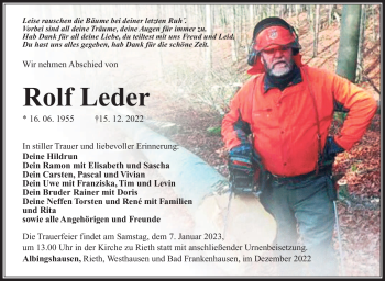 Traueranzeige von Rolf Leder von Südthüringer Presse