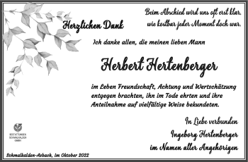 Traueranzeige von Herbert Hertenberger von Südthüringer Presse
