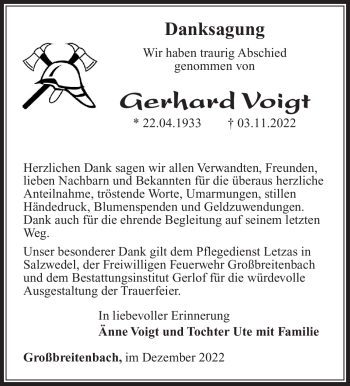 Traueranzeige von Gerhard Voigt von Südthüringer Presse