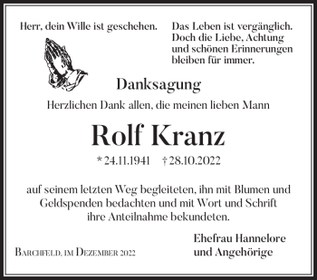 Traueranzeige von Rolf Kranz von Südthüringer Presse