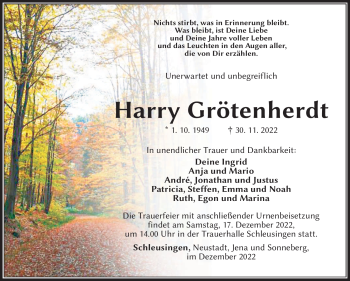 Traueranzeige von Harry Grötenherdt von Südthüringer Presse