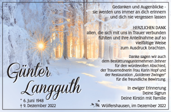 Traueranzeige von Günter Langguth von Südthüringer Presse