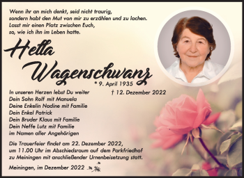 Traueranzeige von Hella Wagenschwanz von Südthüringer Presse