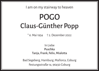 Traueranzeige von Claus-Günther Popp von Neue Presse Coburg
