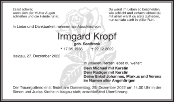 Traueranzeige von Irmgard Kropf von Frankenpost