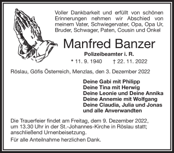 Traueranzeige von Manfred Banzer von Frankenpost