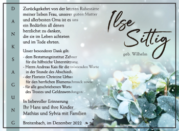 Traueranzeige von Ilse Sittig von Südthüringer Presse