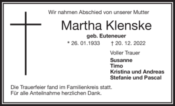 Traueranzeige von Martha Klenske von Frankenpost