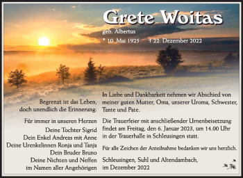Traueranzeige von Grete Woitas von Südthüringer Presse