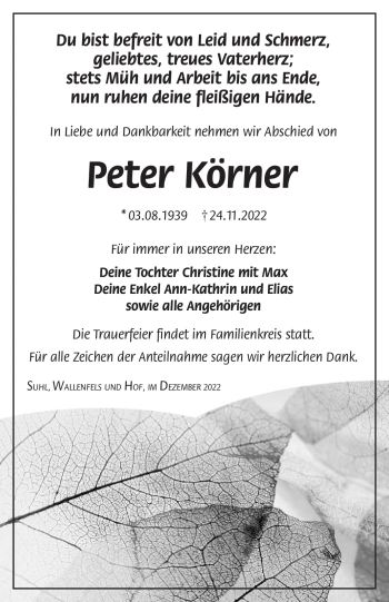 Traueranzeige von Peter Körner von Südthüringer Presse