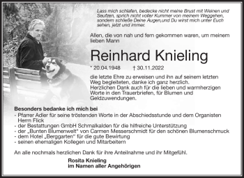 Traueranzeige von Reinhard Knieling von Südthüringer Presse