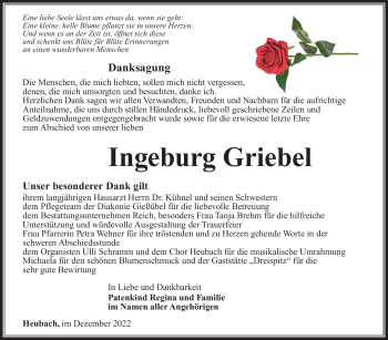 Traueranzeige von Ingeburg Griebel von Südthüringer Presse
