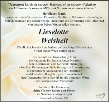 Traueranzeige von Lieselotte Weisheit von Südthüringer Presse