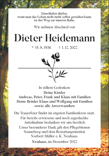 Traueranzeige von Dieter Heidemann von Südthüringer Presse