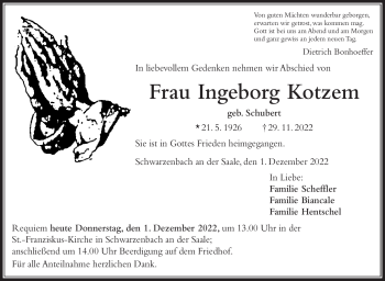 Traueranzeige von Ingeborg Kotzem von Frankenpost