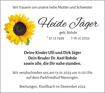 Traueranzeige von Heide Jäger von Südthüringer Presse