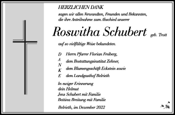 Traueranzeige von Roswitha Schubert von Südthüringer Presse