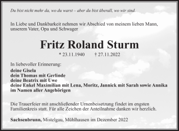 Traueranzeige von Fritz Roland Sturm von Südthüringer Presse
