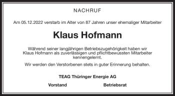 Traueranzeige von Klaus Hofmann von Südthüringer Presse