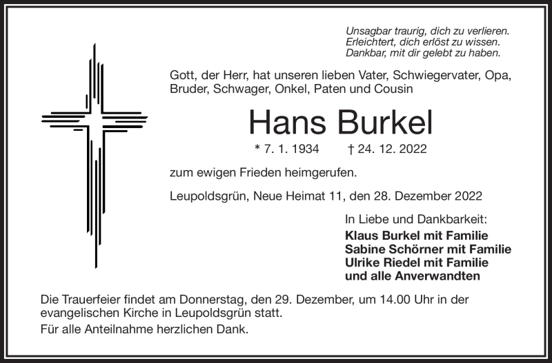  Traueranzeige für Hans Burkel vom 28.12.2022 aus Frankenpost