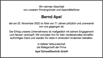 Traueranzeige von Bernd Apel von Neue Presse Coburg