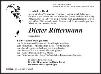 Traueranzeige von Dieter Rittermann von Südthüringer Presse