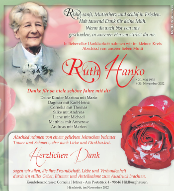 Traueranzeige von Ruth Hanko von Südthüringer Presse