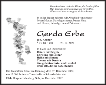 Traueranzeige von Gerda Erbe von Südthüringer Presse