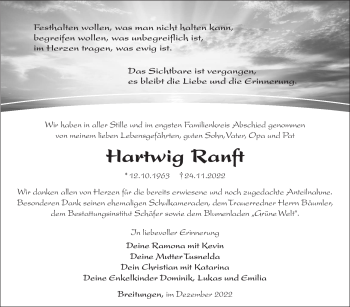 Traueranzeige von Hartwig Ranft von Südthüringer Presse
