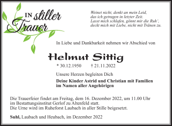 Traueranzeige von Helmut Sittig von Südthüringer Presse