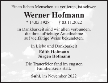 Traueranzeige von Werner Hofmann von Südthüringer Presse