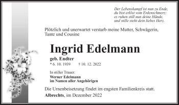 Traueranzeige von Ingrid Edelmann von Südthüringer Presse
