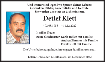 Traueranzeige von Detlef Klett von Südthüringer Presse