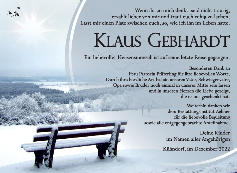  Traueranzeige für Klaus Gebhardt vom 17.12.2022 aus Südthüringer Presse