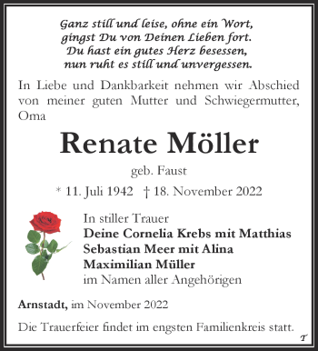 Traueranzeige von Renate Möller von Südthüringer Presse