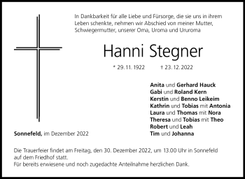 Traueranzeige von Hanni Stegner von Neue Presse Coburg