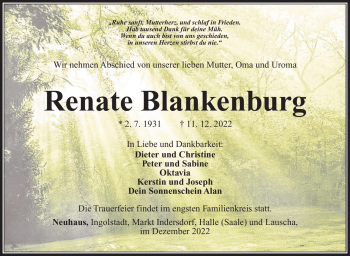 Traueranzeige von Renate Blankenburg von Südthüringer Presse