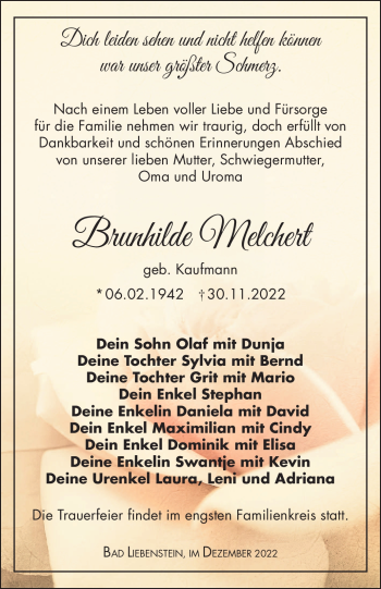 Traueranzeige von Brunhilde Melchert von Südthüringer Presse