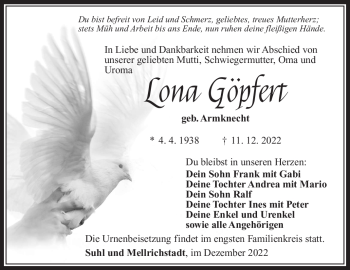 Traueranzeige von Lona Göpfert von Südthüringer Presse