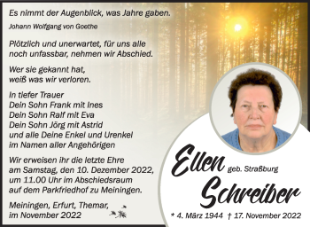 Traueranzeige von Ellen Schreiber von Südthüringer Presse
