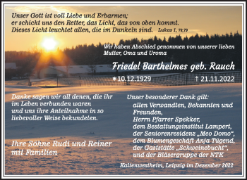 Traueranzeige von Frieda Barthelmes von Südthüringer Presse