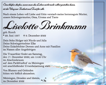 Traueranzeige von Liselotte Brinkmann von Südthüringer Presse