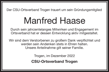 Traueranzeige von Manfred Haase von Frankenpost
