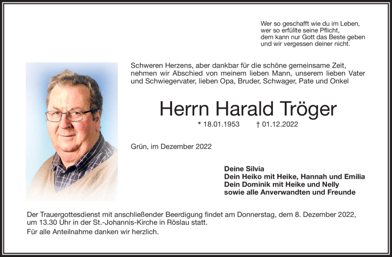  Traueranzeige für Harald Tröger vom 06.12.2022 aus Frankenpost
